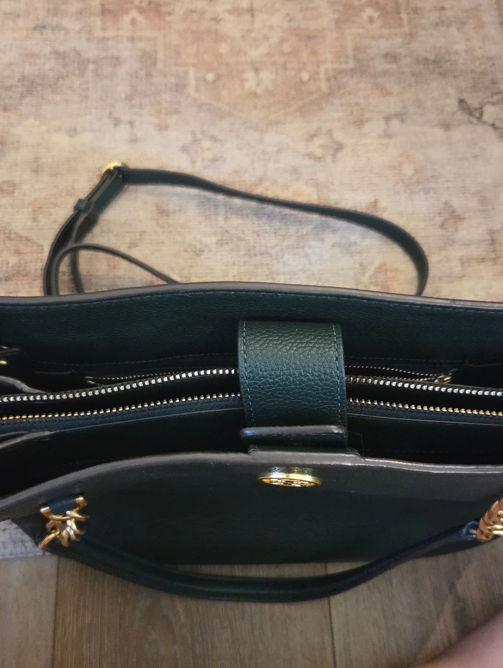 Tory Burch Dark Green Pebbled Leather Chain Shoulder Bag